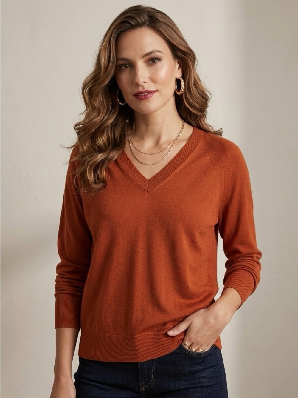 Theory 100% Merino Wool Relaxed V-Neck Sweater Rust Orange M